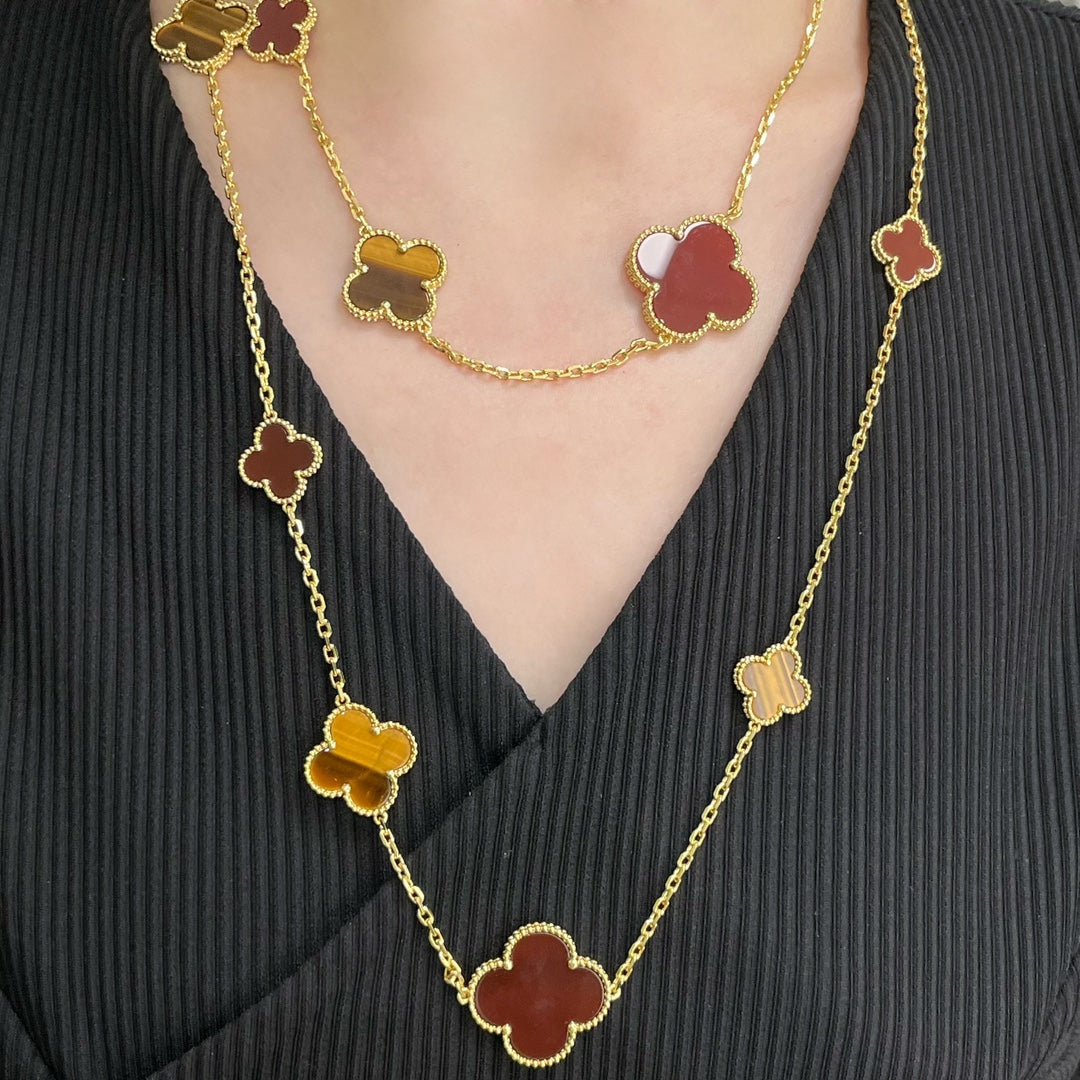 [AuraEcho]CLOVER 16 MOTIF CARNELIAN TIGER EYE ROSE GOLD NECKLACE