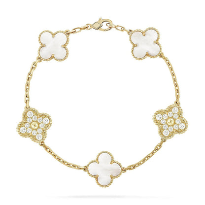 [AuraEcho]CLOVER WHITE PEARL MOP 5 MOTIF BRACELET COLLECTION
