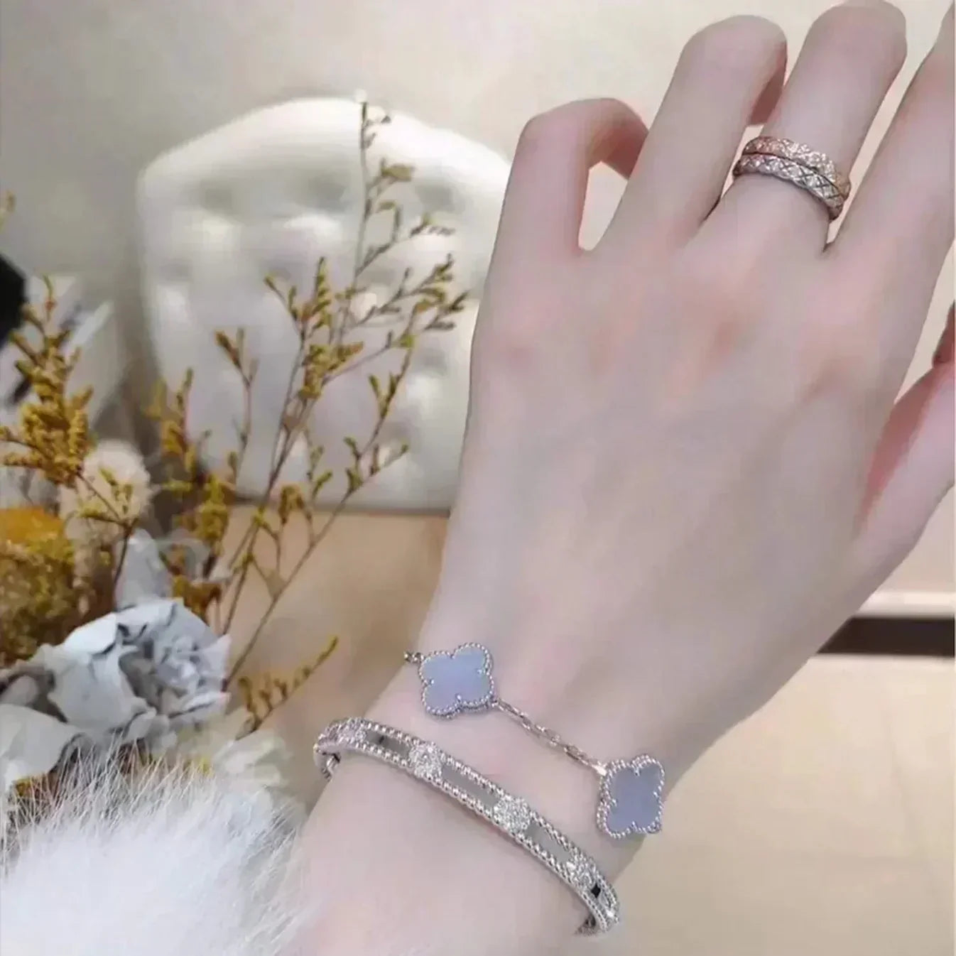 [AuraEcho] CLOVER 5 MOTIF PURPLE CHALCEDONY BRACELET COLLECTION