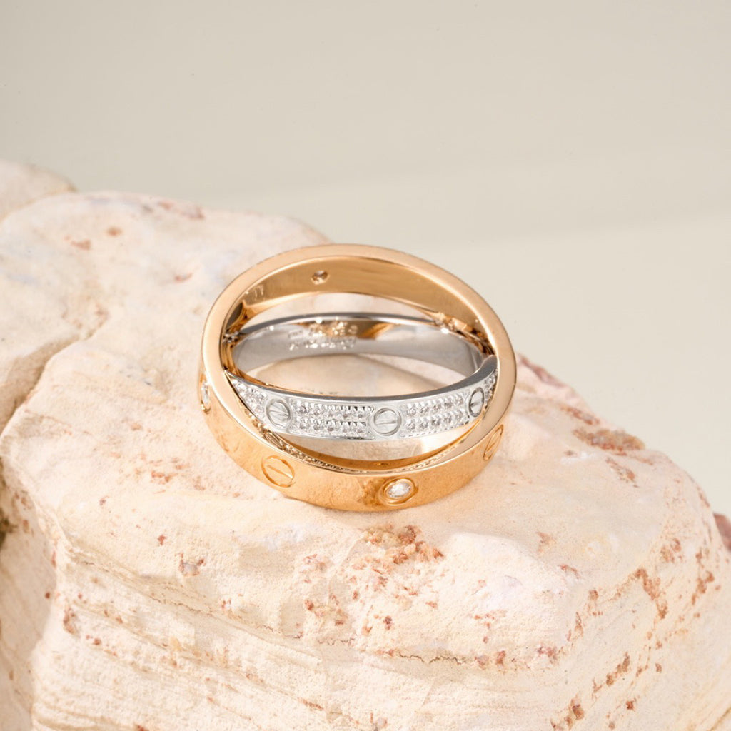 [AuraEcho]LOVE PINK GOLD SILVER DIAMOND DOUBLE RING